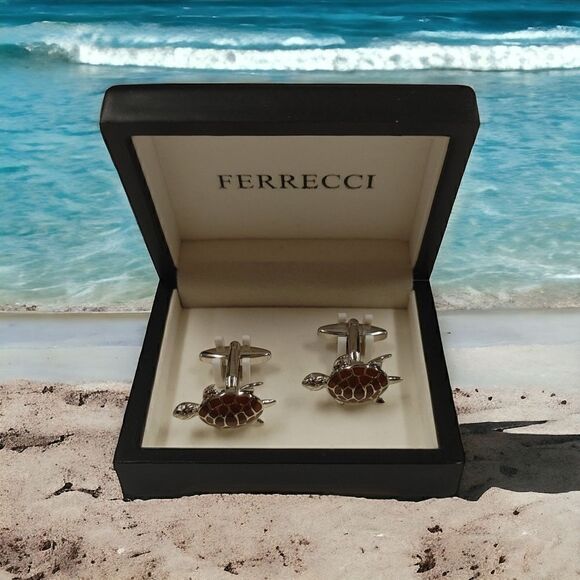 MEN'S FERRECCI BROWN TURTLE FORM SILVER CUFFLINKS WITH    JEWELRY BOX. - Picture 1 of 2
